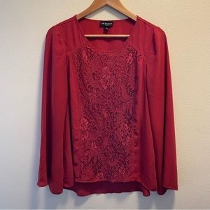 I.N Studio Top Petite Copper Blouse Lace Pullover Crew Neck  BellSleeves Size PL